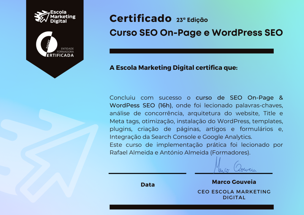 Certificado SEO On Page e WordPress SEO 23 edicao