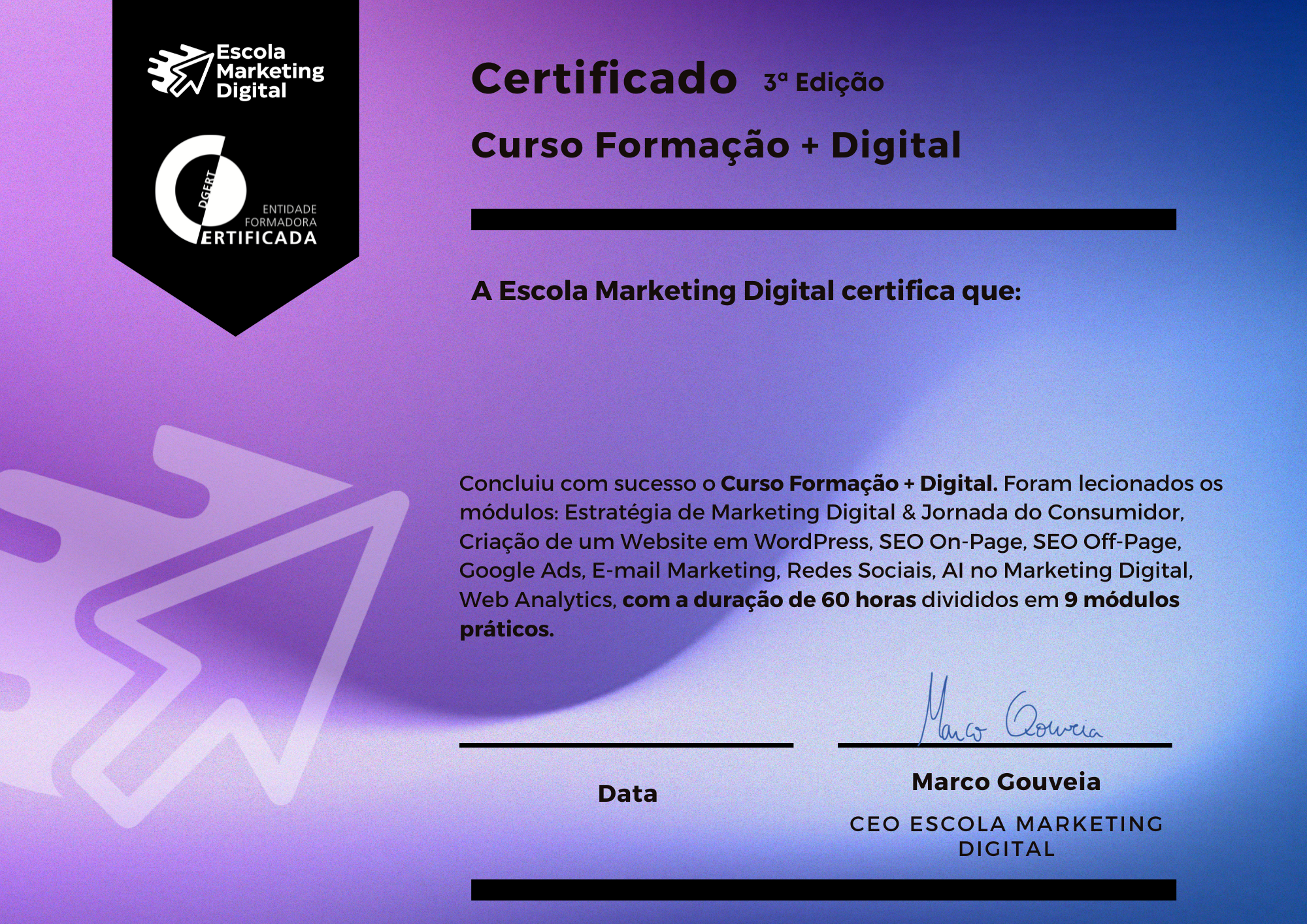 Certificado de participacao Curso Formacao Mais Digital 3 edicao