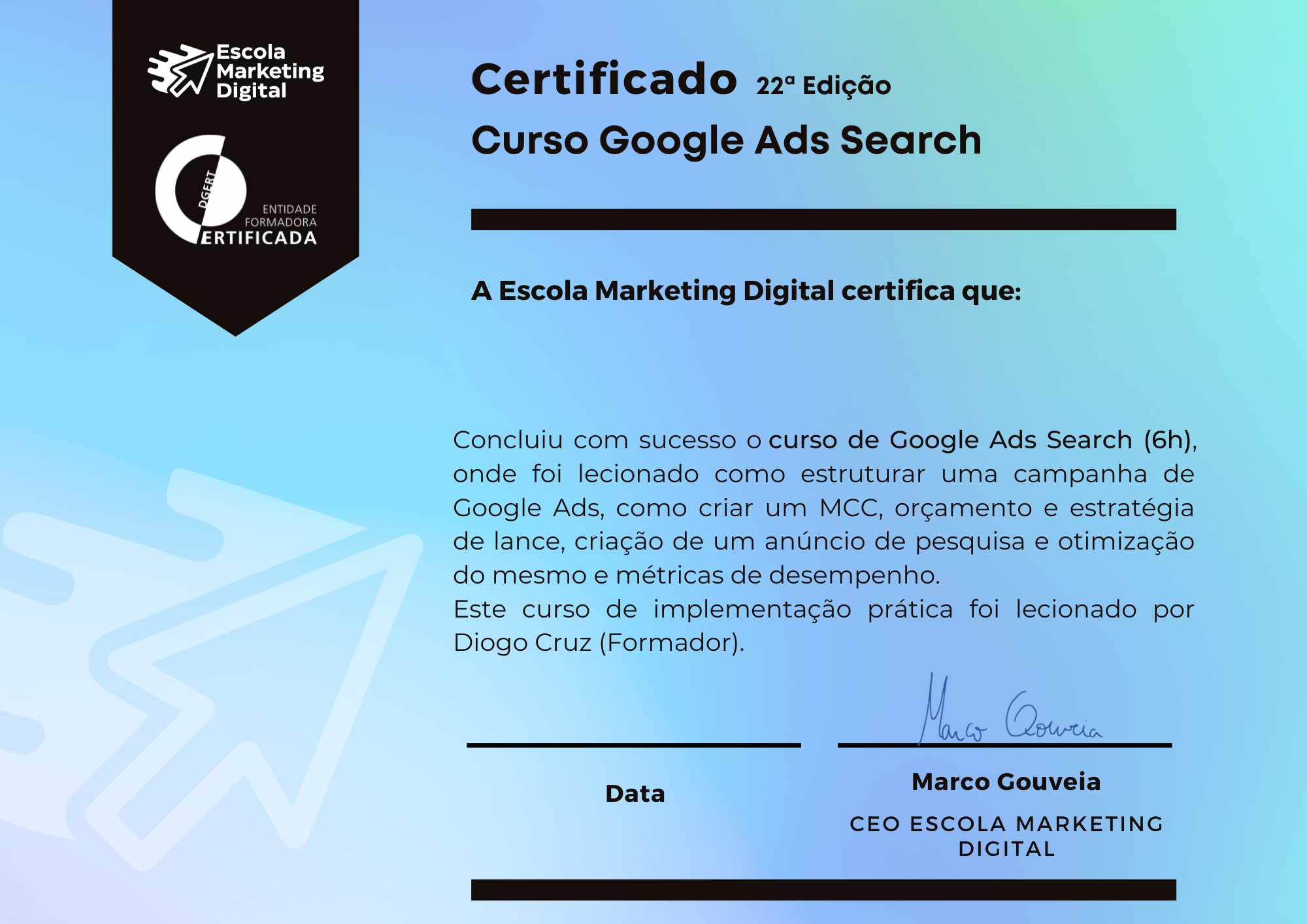 Certificado de participacao google ads search 22 edicao